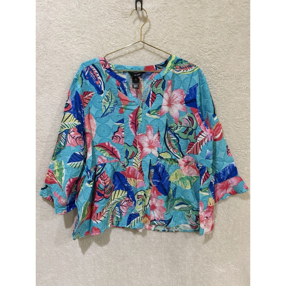 Ali Miles Tunic Top XL Vibrant Floral  V-Neck 3/4 Sleeve Whimsy Artsy Hawaiian
